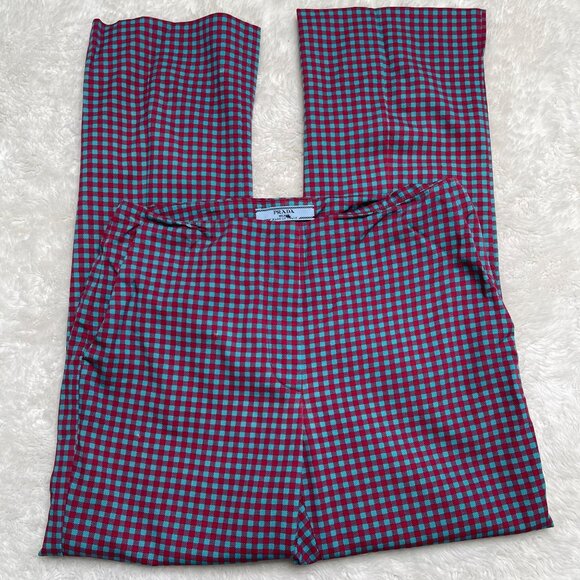 Vintage Prada Women's Red Blue Straight Leg Checks Dress Pants Size 40 IT / 4 US
